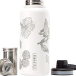 Himalayan Tea Tumbler - Travel Bottle with Tea Infuser for Loose Leaf Tea or Iced Coffee - 32Oz, White-Etched - Double-Walled Insulated Bottle - Keeps Drinks Hot & Cold for Hours