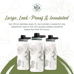 Himalayan Tea Tumbler - Travel Bottle with Tea Infuser for Loose Leaf Tea or Iced Coffee - 32Oz, White-Etched - Double-Walled Insulated Bottle - Keeps Drinks Hot & Cold for Hours