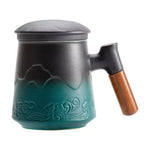 Tea Cup with Infuser and Lid, 13.5Oz Rosewood Handle Embossed Ceramic Tea Mug for Loose Leaf Tea Gifts, Gradient Green.